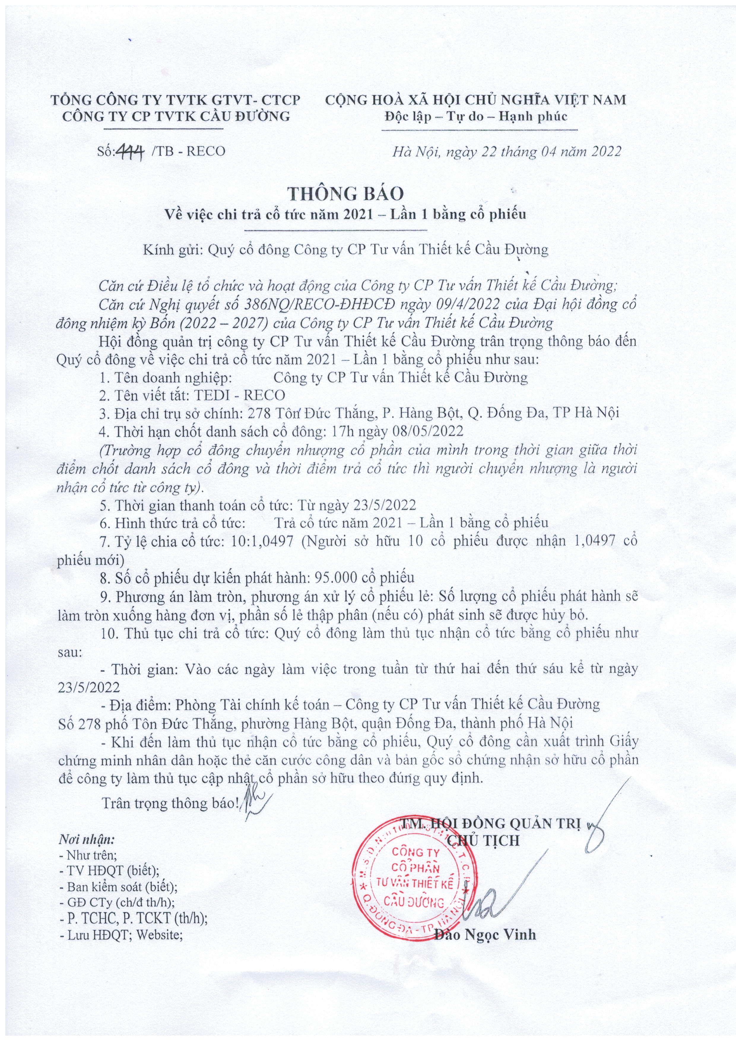 Chi trả cổ tức năm 2021 lần 1